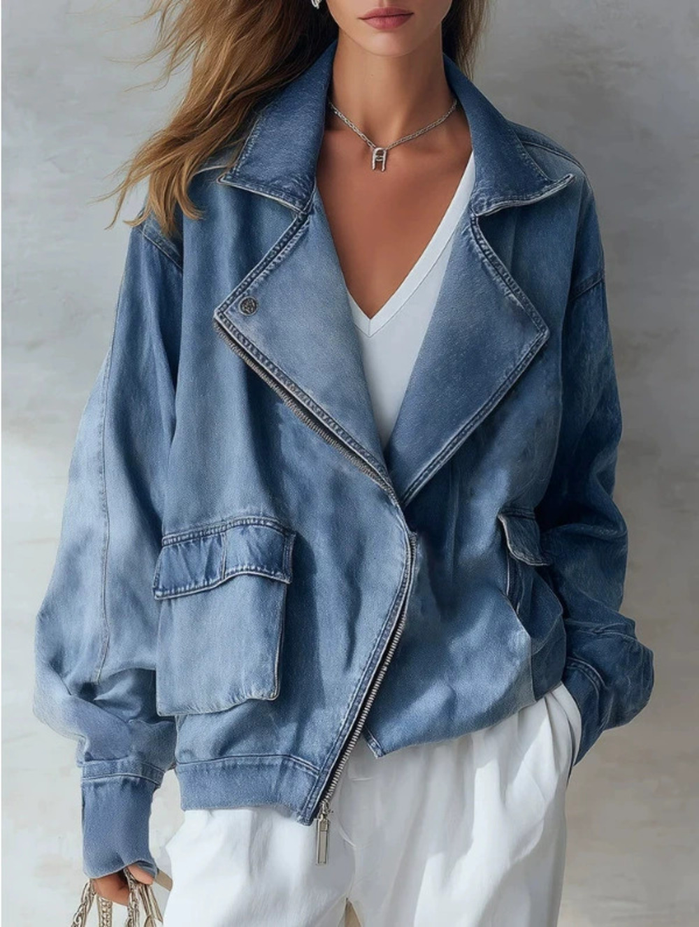 H&M Casual Blue Denim Zip Bomber Jacket Notch Collar